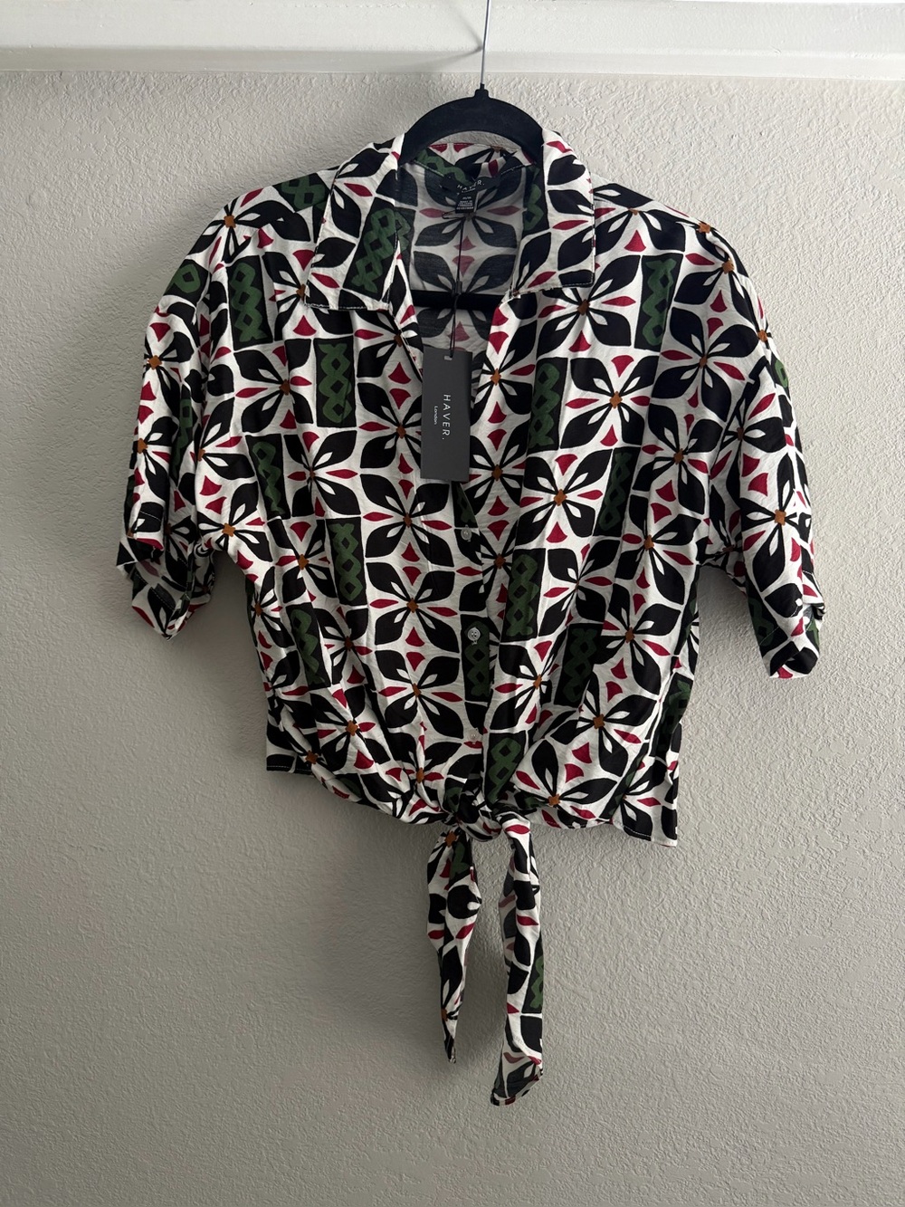 Haven of London Floral Geometric Tie-Front Blouse in Black, White, Green, Red